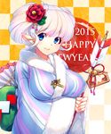  2015 animal_ears arrow blue_eyes breast_hold breasts checkered checkered_background ema hair_ornament hamaya happy_new_year huge_breasts japanese_clothes kanzashi kimono looking_at_viewer minamoto new_year original sheep_ears short_hair short_twintails sleeves_past_wrists solo twintails upper_body white_hair wide_sleeves yellow_background 