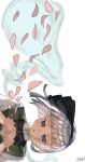  1girl black_bow black_bowtie blue_eyes blunt_bangs bow bowtie commentary_request falling_petals floating_hair green_vest hairband highres holding holding_petal konpaku_youmu konpaku_youmu_(ghost) militantan203 parted_lips petals pink_petals shirt short_hair signature solo touhou vest white_background white_hair white_shirt 