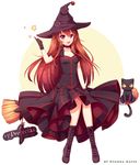  :d animal artist_name black_cat black_dress black_gloves boots broom broom_riding cat choker collarbone dress full_body full_moon gloves hat highres hyanna-natsu knee_boots long_hair looking_at_viewer moon open_mouth original pointing red_eyes red_hair sidesaddle smile solo star transparent_background witch_hat yellow_sclera 