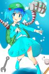  backpack bag blue_eyes blue_hair blush boots extra_arms hair_ornament hair_ribbon hat kawashiro_nitori key kyuu-fairy000 long_sleeves looking_at_viewer mechanical_arm pocket ribbon rubber_boots ruler shirt short_twintails skirt skirt_set solo touhou twintails two_side_up wrench 
