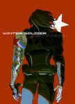  1boy azisaiharumaki56 black_pants black_shirt brown_hair bucky_barnes captain_america_(series) character_name commentary cowboy_shot facing_away floating_hair from_behind highres long_hair male_focus marvel pants prosthesis prosthetic_arm red_background shirt solo star_(symbol) untranslatable_commentary winter_soldier 