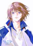  1boy blue_eyes brown_hair closed_mouth collarbone commentary dated english_commentary english_text floating_hair fuji_shuusuke happy_birthday highres jacket male_focus ngop open_clothes open_jacket popped_collar shirt simple_background solo tennis_no_ouji-sama white_background white_shirt 