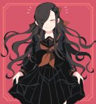  1boy alternate_costume black_hair black_sailor_collar black_serafuku black_shirt black_skirt blush bow closed_eyes closed_mouth contemporary crossdressing crossdressing_(mtf) facing_viewer hair_bow hair_over_one_eye highres long_hair long_sleeves natsuki_subaru natsumi_schwarz neckerchief pleated_skirt re:zero_kara_hajimeru_isekai_seikatsu red_background red_neckerchief ribbon sailor_collar school_uniform serafuku shirt skirt smile solo watamato 