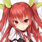  bad_id bad_pixiv_id blush choker hair_ribbon hand_on_own_chest kyuri_tizu looking_at_viewer lying nose_blush on_back puffy_sleeves rakudai_kishi_no_cavalry red_eyes red_hair ribbon solo stella_vermillion teardrop torn_clothes tsurime two_side_up wavy_mouth 