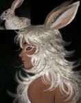  1girl animal_ears black_background closed_mouth commentary dark_skin english_commentary eyeshadow gittanart highres long_hair looking_at_viewer makeup original personification photo-referenced rabbit rabbit_ears rabbit_girl simple_background solo upper_body white_eyeshadow white_hair 