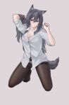  1girl absurdres alter_kamerade animal_ear_fluff animal_ear_piercing animal_ears arknights arm_behind_back black_hair black_nails black_tail blush breasts brown_pantyhose buttons chinese_commentary cleavage collarbone collared_shirt commentary_request fingernails full_body grey_background grey_shirt hair_lift highres long_hair looking_at_viewer medium_breasts nail_polish no_shoes open_collar panties pantyhose parted_lips partial_commentary partially_unbuttoned shirt shy simple_background solo tail texas_(arknights) thighband_pantyhose toes underwear white_panties wolf_ears wolf_girl wolf_tail yellow_eyes 