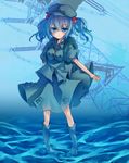  absurdres backpack bag blue_hair blush boots hair_bobbles hair_ornament hat highres kawashiro_nitori key looking_at_viewer mare_(shiori_3021) pocket rubber_boots short_hair skirt skirt_set solo touhou transmission_tower twintails two_side_up wading water 