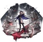  1girl aircraft artist_request attack_helicopter bird black_gloves black_lips black_shirt blonde_hair boots cane chest_harness coat coat_on_shoulders destruction dove explosion firing firing_at_viewer gloves grey_coat grey_skirt hair_over_one_eye harness helicopter holding holding_cane langley_(path_to_nowhere) military_vehicle necktie official_art path_to_nowhere pentagram purple_necktie shirt side_slit skirt tentacles thigh_boots trilby 