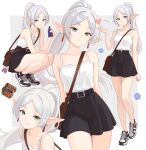  1girl absurdres aura_(sousou_no_frieren) bag bag_charm bare_shoulders belt black_belt black_shoes black_skirt blowing_kiss blush bottle breasts camisole character_charm charm_(object) closed_mouth clothes-dissolving_potion collarbone commentary contemporary earrings elf english_commentary floating_earrings flower frieren frieren_blowing_a_kiss green_eyes grey_hair heart highres holding holding_bottle holding_potion jewelry long_hair looking_at_viewer mimic mimic_chest multiple_views parted_bangs pointy_ears ponytail shoes shoulder_bag simple_background skirt small_breasts smile sousou_no_frieren squatting teardrop_earrings truejekart white_hair 