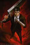  1boy alternate_costume anato_finnstark berserk black_hair black_suit contemporary dragonslayer_(sword) formal_clothes greatsword guts_(berserk) highres huge_weapon male_focus multicolored_hair necktie prosthesis prosthetic_arm scar scar_on_face solo suit sword two-tone_hair weapon white_hair 