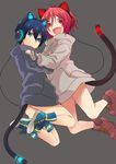  animal_ears axent_wear black_hair blue_eyes boots cat_ear_headphones cat_ears cat_tail commentary fang free! full_body headphones hood hoodie male_focus matsuoka_rin memeo_(candy_house) multiple_boys nanase_haruka_(free!) open_mouth red_eyes red_hair shoes smile sneakers tail 