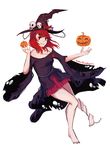  alternate_costume bare_shoulders barefoot black_shirt breasts chain dress full_body halloween halloween_costume hat hat_ornament hecatia_lapislazuli jack-o'-lantern jewelry legs long_sleeves looking_at_viewer medium_breasts off-shoulder_dress off_shoulder pendant pleated_skirt red_eyes red_hair shirt simple_background skirt skull smile solo thighs toenail_polish touhou twitter_username white_background wide_sleeves witch witch_hat yagami_(nadegami) 