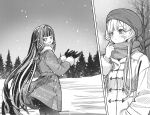  2girls :d absurdres alternate_costume belt blush coat columbina_(genshin_impact) commentary contemporary duffel_coat fur-trimmed_coat fur_trim genshin_impact gloves greyscale hair_ribbon hand_up hat highres long_hair long_sleeves monochrome multiple_girls open_mouth outdoors pantyhose pleated_skirt ribbon sandrone_(genshin_impact) scarf skirt smile snow snowing soukakute tree untranslatable_commentary very_long_hair winter_clothes winter_coat 