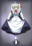  1girl absurdres ahoge apron blue_eyes bow clothes_lift commentary_request commission curtsey dress dress_lift einhard_stratos empty_eyes enmaided green_hair hair_between_eyes hair_bow heterochromia highres lifting_own_clothes long_hair lyrical_nanoha mahou_shoujo_lyrical_nanoha_vivid maid maid_apron maid_headdress mind_control oshimaru026 pixiv_commission purple_eyes solo twintails very_long_hair 
