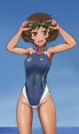  akiyama_yukari arms_up blush breasts brown_eyes brown_hair competition_swimsuit girls_und_panzer goggles highres looking_at_viewer medium_breasts one-piece_swimsuit one_eye_closed open_mouth short_hair smile solo solokov_(okb-999) swimsuit tan tanline wet wet_clothes wet_swimsuit 