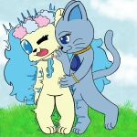 blue_body blue_fur blue_sky bracelet canid canine canis domestic_cat domestic_dog duo felid feline felis female female/female fur grass_field hi_res jewelpet jewelry lapis_(jewelpet) mammal necklace nude on_one_leg open_mouth sanrio sapphie_(jewelpet) sega_fave simple_background sky smug_face standing standing_on_toes ticklebunny tickling tickling_armpits tickling_belly yellow_body yellow_fur