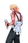  1boy alternate_costume animal_bag arm_tattoo backpack bag bare_shoulders belt black_belt black_pants blonde_hair cellphone commentary contemporary english_commentary highres holding holding_phone honkai:_star_rail honkai_(series) male_focus mydei_(honkai:_star_rail) ngop pants parted_bangs phone ponytail red_tattoo shirt short_ponytail simple_background solo tank_top tattoo white_background white_shirt yellow_eyes 