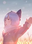  :o alternate_costume amino_(tn7135) backlighting bad_id bad_pixiv_id bare_tree blue_eyes blue_hair blue_sky bow cirno coat hair_bow looking_afar open_mouth outdoors outstretched_arms ribbon scarf short_hair sky snow snowing solo sunset touhou tree upper_body 