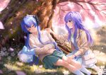  2girls :3 against_tree alternate_costume bag black_bow black_shoes blue_dress blue_eyes blue_hair blurry blurry_background blush bow bowtie brown_sweater casual cherry_blossoms closed_eyes closed_mouth commentary dappled_sunlight day dress facing_viewer falling_petals flower foot_out_of_frame fox from_side full_body grass green_bow green_bowtie green_skirt hair_bow hair_intakes hair_ribbon hair_spread_out hand_up handbag head_tilt highres inari_(summer_pockets) key_season kneehighs loafers long_hair long_sleeves looking_at_another lying mountainous_horizon multiple_girls on_back on_ground outdoors parted_lips petals pleated_dress pleated_skirt purple_flower purple_hair reaching reaching_towards_another red_ribbon ribbed_sweater ribbon shoes siblings sidelocks sisters sitting skirt sleeping sleeves_past_wrists sleeves_rolled_up smile socks sorakado_ai sorakado_ao split_mouth spring_(season) summer_pockets sunlight sweater tree twins very_long_hair white_bag white_flower white_shoes white_socks 