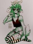2023 absurd_res anthro antlers black_and_green black_clothing black_crop_top black_nose black_shirt black_topwear bracelet closed_smile clothing colored_fingernails colored_nails crop_top deer deer_ears deer_nose ears_down eyewear fanghaunt fingernails fishnet_clothing fishnet_leggings fishnet_legwear fluffy_fur glasses green_hair hair hi_res horn humanoid_hands jewelry leggings legwear mammal midriff mouth_closed nails navel paper_background pattern_clothing pattern_legwear pattern_thigh_highs pivoted_ears restricted_palette scut_tail shirt short_tail shoulder_length_hair simple_background sitting smile solo striped_clothing striped_legwear striped_thigh_highs stripes tail thigh_highs topwear wearing_glasses white_background