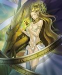  armlet blonde_hair breasts double_bun dragon gold highres large_breasts lips long_hair magic_circle mechanical_halo navel pointy_ears revealing_clothes rocky_young shingoku_no_valhalla_gate very_long_hair 