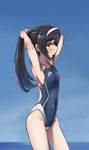  adjusting_hair arms_up black_hair blush breasts brown_eyes competition_swimsuit girls_und_panzer hair_ornament hair_scrunchie hairband highres long_hair looking_at_viewer mouth_hold one-piece_swimsuit one_eye_closed reizei_mako scrunchie small_breasts smile solo solokov_(okb-999) swimsuit 
