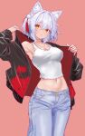  1girl alternate_costume animal_ears black_jacket blue_pants commentary_request contemporary contrapposto cowboy_shot denim highres inubashiri_momiji jacket jeans leaf_print maple_leaf_print midriff navel open_clothes open_jacket orange_eyes pants pink_background print_jacket shirt simple_background sleeveless sleeveless_shirt soara_shimomo solo standing touhou white_shirt wolf_ears wolf_girl 