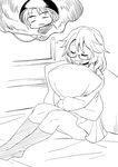  black_legwear bowl bowl_hat closed_eyes commentary_request d: drooling female_pervert glasses greyscale hat holding_needle legs monochrome multiple_girls needle nobori_ranzu open_mouth pervert pillow pillow_hug scared short_hair socks sukuna_shinmyoumaru thought_bubble touhou triangle_mouth u_u usami_sumireko 