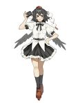  1girl belt black_belt black_hair black_ribbon black_skirt black_socks black_wings camera closed_mouth collared_shirt commentary full_body geta hat highres holding holding_camera kneehighs looking_at_viewer neck_ribbon pom_pom_(clothes) puffy_short_sleeves puffy_sleeves red_eyes red_shoes ribbon sakic43899 shameimaru_aya shirt shoes short_hair short_sleeves simple_background skirt smile socks solo standing tengu-geta tokin_hat touhou white_background white_shirt wings 