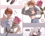  ... 1girl 3boys ^^^ aether_(genshin_impact) ahoge artist_name black_boots black_scarf blonde_hair blue_eyes blue_pants blush boots border braid brown_eyes buttons chain chain_necklace closed_eyes closed_mouth clothes_writing cowboy_shot crossed_bangs crystal_hair_ornament denim dottore_(genshin_impact) earrings empty_eyes english_commentary fingernails flower genshin_impact gold_trim grey_border grey_hair grey_hoodie hair_between_eyes hair_ornament half-closed_eyes halo hand_on_own_hip hand_up hands_up heart heart_print highres hood hoodie jewelry leaf long_hair long_sleeves looking_at_another looking_at_object looking_up low-braided_long_hair low-tied_long_hair mechanical_halo medium_hair midriff multiple_boys navel necklace open_mouth orange_hair outside_border paimon_(genshin_impact) pants pink_border pink_flower pink_rose puffy_long_sleeves puffy_sleeves rose scared scarf shadow shirt short_hair short_sleeves single_braid smile speech_bubble spoken_ellipsis standing star_(symbol) star_print sweatdrop t-shirt tartaglia_(genshin_impact) teeth throwing tongue upper_body v-shaped_eyebrows valentine weyowang white_shirt wide-eyed yaoi 