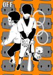  baseball_bat baseball_uniform capri_pants cat copyright_name elsen_(off) hat_over_eyes jewelry male_focus mask monochrome multiple_boys off orange_background pants ring sandals sportswear sweater the_batter the_judge_(off) zacharie 