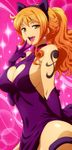 animal_ears arm_tattoo bare_shoulders breasts cat_ears cat_tail cleavage_cutout collar covered_nipples dress gloves hairu heart_cutout large_breasts long_hair looking_at_viewer nami_(one_piece) no_bra one_piece open_mouth orange_eyes orange_hair ponytail sideboob smile solo sparkle star tail tattoo venus_symbol 
