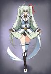  1girl absurdres ahoge blue_eyes boots bow brown_boots clothes_lift commentary_request commission crossed_legs curtsey einhard_stratos empty_eyes fingerless_gloves gloves green_hair green_jacket green_skirt hair_between_eyes hair_bow heterochromia highres jacket lifting_own_clothes long_hair lyrical_nanoha mahou_shoujo_lyrical_nanoha_vivid mind_control oshimaru026 pixiv_commission purple_eyes skirt skirt_lift solo thighhighs twintails very_long_hair watson_cross 