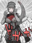  !? 1girl absurdres black_bonnet black_corset black_dress black_hair blunt_bangs blunt_ends bonnet bow breasts building cleavage_cutout clothing_cutout corset destruction dress earrings elbow_gloves flying_sweatdrops frilled_bonnet frills giant giantess gloves godzilla godzilla_(series) godzilla_(shin) gothic_lolita grey_eyes hands_up high_collar highres jewelry juliet_sleeves kaiju large_breasts limited_palette lolita_fashion long_sleeves motion_lines multiple_earrings multiple_views okishima_tomori personification puffy_sleeves scene_reference sharp_teeth shin_godzilla short_hair smile sound_effects speed_lines standing tail teeth train very_long_tail yellow_eyes 