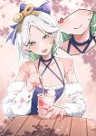  1girl absurdres airenif bare_shoulders blue_dress blue_ribbon blush breasts cecilia_immergreen cherry_blossoms cleavage collarbone colored_inner_hair detached_sleeves doll_joints dress eating falling_petals food food_on_face frills green_eyes green_hair grey_hair hair_ribbon highres hololive hololive_english joints looking_at_viewer milkshake multicolored_hair open_mouth outdoors petals pink_petals ribbon short_hair sleeveless sleeveless_dress smile solo spring_(season) streaked_hair table two-tone_hair virtual_youtuber winding_key wooden_table 