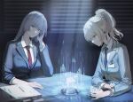  1girl absurdres ak-15_(erwin)_(girls'_frontline) ak-15_(girls'_frontline) an-94_(antje)_(girls'_frontline) an-94_(girls'_frontline) black_suit blonde_hair blue_necktie blue_suit collared_shirt cup dutch_angle earpiece from_side girls'_frontline glass glasses highres holding holding_cup jacket long_sleeves looking_at_viewer looking_down myamya5851 necktie official_alternate_costume ponytail purple_eyes red_necktie shirt sidelocks solo suit suit_jacket upper_body voymastina_(girls'_frontline_2) white_hair white_shirt 