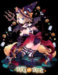  animal_ear_fluff animal_ears blonde_hair blue_eyes cat_ears demon_tail ears_through_headwear elbow_gloves gloves halloween hat highres original short_hair solo striped striped_legwear tail thighhighs trick_or_treat usagihime wings witch_hat 