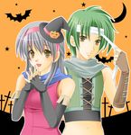  1boy 1girl :d bandages bare_shoulders bat black_gloves blush brown_eyes dress elbow_gloves fingerless_gloves fire_emblem fire_emblem:_akatsuki_no_megami gloves green_hair hairband half_updo halloween hat interlocked_fingers long_hair micaiah midriff mini_hat moon open_mouth orange_background silver_hair simple_background sleeveless sleeveless_dress smile sothe star witch_hat yellow_eyes 