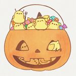  anus ayu_(mog) bird black_eyes candy chick closed_eyes food halloween halloween_basket hat jack-o'-lantern looking_at_viewer lowres no_humans original simple_background too_many too_many_chicks witch_hat 