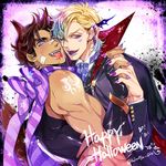  animal_ears bandage_on_face blonde_hair blue_eyes brown_hair caesar_anthonio_zeppeli catsizuru earrings facial_mark fingernails halloween happy_halloween interlocked_fingers jewelry jojo_no_kimyou_na_bouken joseph_joestar_(young) male_focus multiple_boys nail_polish purple_lips purple_nails red_eyes ribbon scar scarf sharp_fingernails twitter_username vampire werewolf winged_hair_ornament wolf_ears 