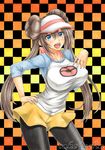  artist_name blue_eyes breasts brown_hair checkered checkered_background collarbone double_bun gradient gradient_background hand_on_hip hand_on_own_chest large_breasts legwear_under_shorts long_hair looking_at_viewer mei_(pokemon) open_mouth pantyhose pantyhose_under_shorts poke_ball_print pokemon pokemon_(game) pokemon_bw2 raglan_sleeves shorts smile solo standing takecha traditional_media twintails visor_cap 
