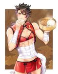  bamboo_steamer baozi brown_hair chinese_clothes crossdressing eating food holiday-jin male_focus mutsu-no-kami_yoshiyuki sarashi skirt solo steam touken_ranbu yellow_eyes 