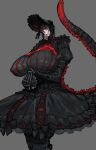  1girl absurdres arm_under_breasts bioluminescence black_bonnet black_corset black_dress black_hair blunt_bangs blunt_ends bonnet bow breasts cleavage_cutout clothing_cutout commentary corset covered_nipples dress earrings elbow_gloves english_commentary frilled_bonnet frills giant giantess gigantic_breasts gloves glowing godzilla godzilla_(series) godzilla_(shin) gothic_lolita grey_background grey_eyes grin high_collar highres jewelry juliet_sleeves kaiju lolita_fashion long_sleeves looking_down multicolored_hair personification puffy_sleeves red_streaks sharp_teeth shin_godzilla short_hair smile solo standing streaked_hair tail teeth upper_body very_long_tail warawaranka 