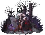  1girl artist_request asymmetrical_gloves bare_tree bird black_ribbon breasts chain chainsaw criss-cross_halter crow gloves green_eyes green_hair halterneck hand_on_own_face long_hair looking_at_viewer official_art path_to_nowhere prison_clothes ribbon side_slit small_breasts smile spaghetti_strap tombstone tree wendy_(path_to_nowhere) 