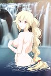  ahoge ass blonde_hair breasts highres large_breasts long_hair looking_at_viewer looking_back nachetanya_loei_piena_augustra nature nude open_mouth ponytail red_eyes rokka_no_yuusha ryoumei50 solo water waterfall 