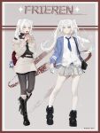  1girl absurdres alternate_costume arms_at_sides artist_name bag bag_charm black_boots black_cardigan black_pantyhose blue_jacket blue_necktie boots border brown_border cardigan character_charm character_name charm_(object) closed_mouth collared_shirt commentary contemporary cup earrings elf english_commentary expressionless food frieren full_body green_eyes grey_background grey_cardigan grey_skirt gyaru handbag high_heel_boots high_heels highres holding holding_cup holding_phone jacket jewelry kogal lace-trimmed_thighhighs lace_trim long_hair long_sleeves miniskirt monochrome necktie open_cardigan open_clothes open_jacket pantyhose parfait pencil_skirt phone pleated_skirt pointy_ears ring school_uniform shirt simple_background single_off_shoulder skirt soar_wle sousou_no_frieren strawberry_parfait teardrop_earrings thighhighs turtleneck twintails white_hair white_shirt white_thighhighs 