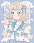  1girl :q bandaid bandaid_on_finger bandaid_on_hand blonde_hair blue_background blue_bow blue_bowtie blue_nails blue_sailor_collar blue_theme blunt_bangs blush border bow bowtie braid character_charm charm_(object) checkered_background checkered_bow checkered_bowtie checkered_clothes cinnamiku cinnamoroll commentary dot_nose eyelashes food food_on_face fuwa_fuwa_cinnamoroll hatsune_miku heart heart-shaped_pupils highres holding holding_food holding_ice_cream ice_cream looking_at_food medium_hair nail_polish nekomaru0817 original outline outside_border pastel_colors sailor_collar sailor_shirt sanrio school_uniform serafuku shirt short_sleeves side_braid soft_serve solo symbol-shaped_pupils tongue tongue_out untranslatable_commentary upper_body white_border white_outline 