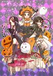  alternate_costume brown_hair candy commentary cup detached_sleeves double_bun drinking_glass food ghost hair_ornament half_updo halloween halloween_costume jintsuu_(kantai_collection) kantai_collection koruri lollipop marshmallow multiple_girls mushroom naka_(kantai_collection) open_mouth pumpkin robe sendai_(kantai_collection) smile thighhighs wine_glass yellow_eyes 