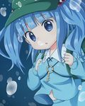  backpack bag blue_eyes blue_hair blush bubble bubble_blowing hair_ornament hair_ribbon hat kawashiro_nitori key long_sleeves looking_at_viewer pocket ribbon shirt short_twintails solo touhou twintails two_side_up underwater wet wet_clothes yamisaki_(ymsk_xx) 