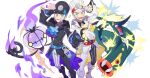  2boys absurdres aooni ascot black_boots black_gloves black_hat blue_ascot boots brothers chandelure commentary_request eelektross electricity emmet_(pokemon) emmet_(sygna_suit)_(pokemon) fire gloves grey_hair hat highres ingo_(pokemon) ingo_(sygna_suit)_(pokemon) male_focus multiple_boys official_alternate_costume pokemon pokemon_(creature) pokemon_masters_ex purple_fire siblings twins white_boots white_gloves white_hat yellow_ascot 